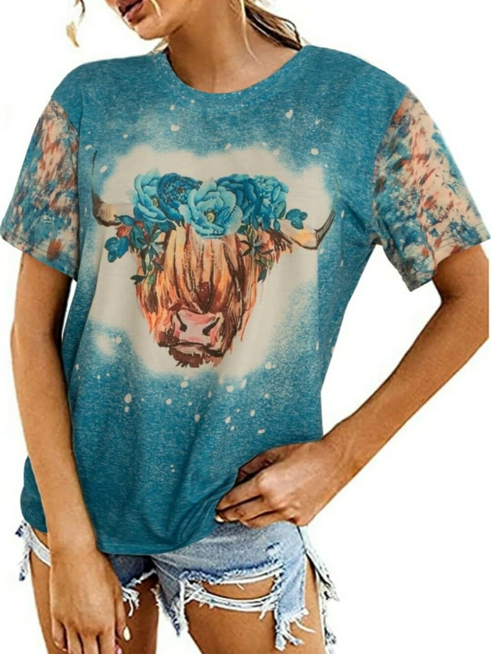 Highland Cow Graphic Floral Tee Teal Blue Shirt Flower Steer Western Cowgirl